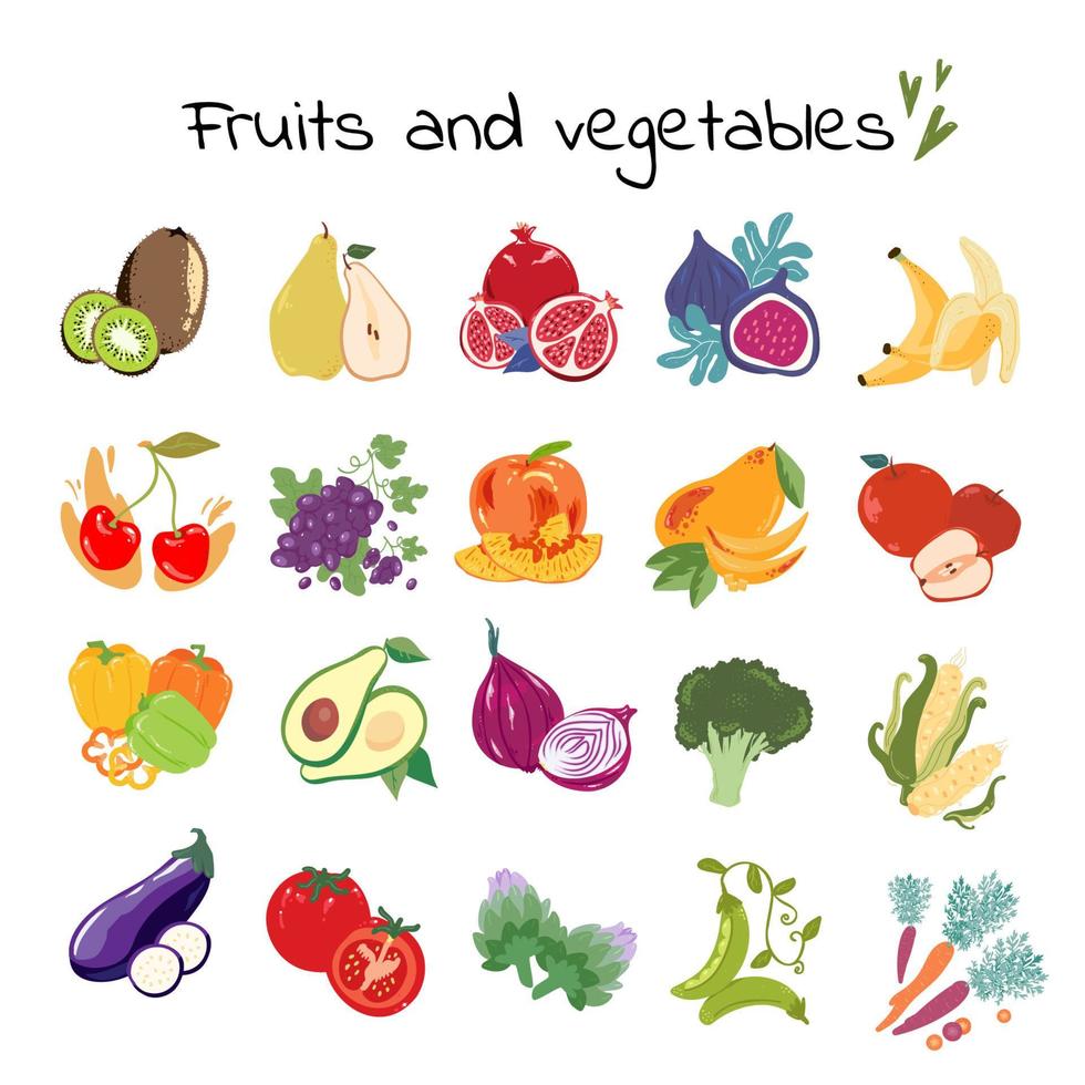 Set of vegetables and fruits in hand drawn style. Vector illustration