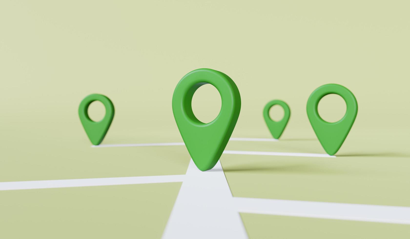 Location marking with a pin on a map or navigation icon sign on green background, transport and travel theme concept. 3D rendering. photo