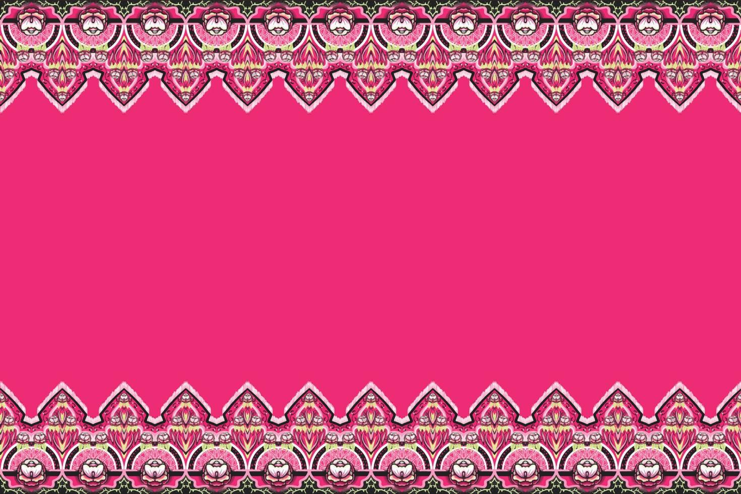 Pink, Green, White Black Flower on Pink. Geometric ethnic oriental pattern traditional Design for background,carpet,wallpaper,clothing,wrapping,Batik,fabric, vector illustration embroidery style