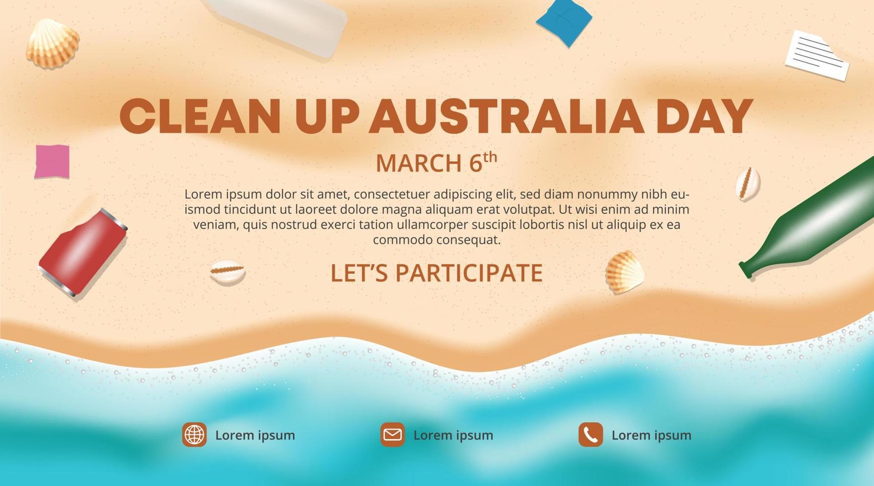 limpiar el diseño del banner del día de australia con una situación de playa sucia vector