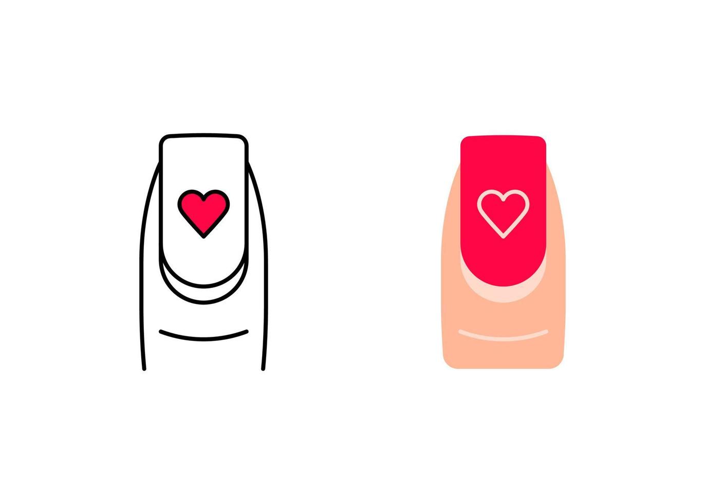 conjunto de iconos de pegatinas de corazón y esmalte de uñas de dedo moderno. ícono del dedo del día de la mujer de los íconos modernos del corazón. icono lineal y colorido amor y plantilla de mujer. fondo blanco de vector lineal simple.