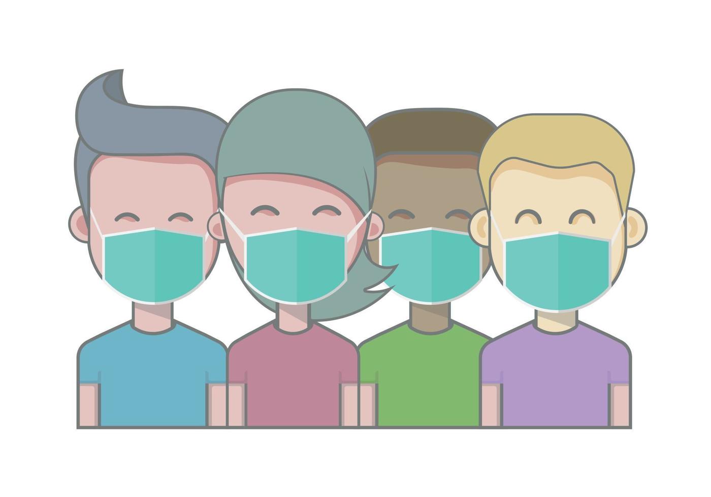 jóvenes con mascarilla médica verde. vector