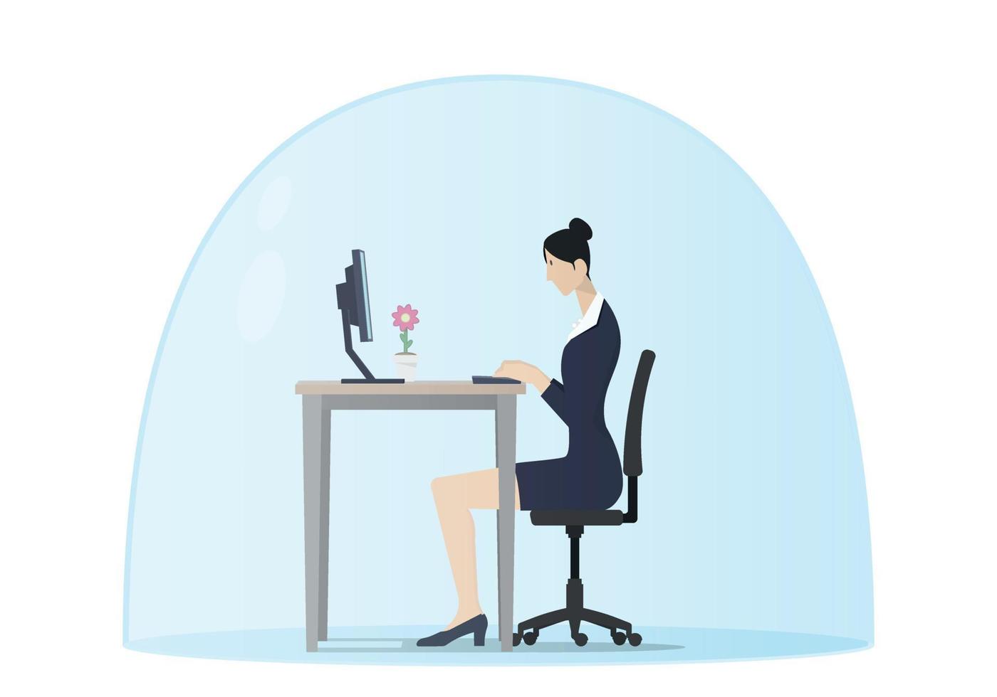 Woman Protected Under a Glass Dome Works From Home. vector