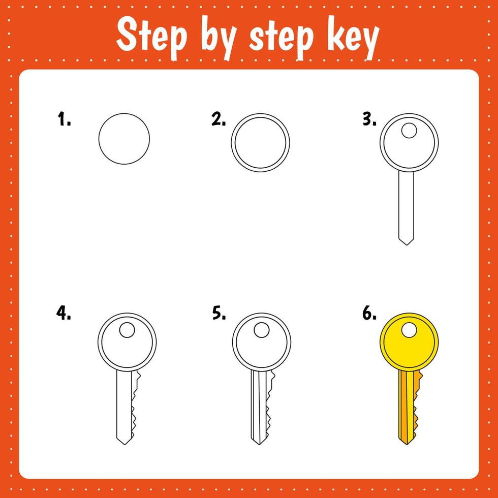 Drawing lesson for children. How draw a key. Drawing tutorial. Step by step repeats the picture. Kids activity art page for book. Vector illustration.