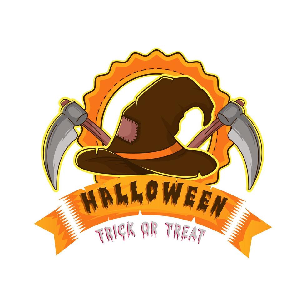 concepto de logotipo de sombrero y hacha de halloween vector