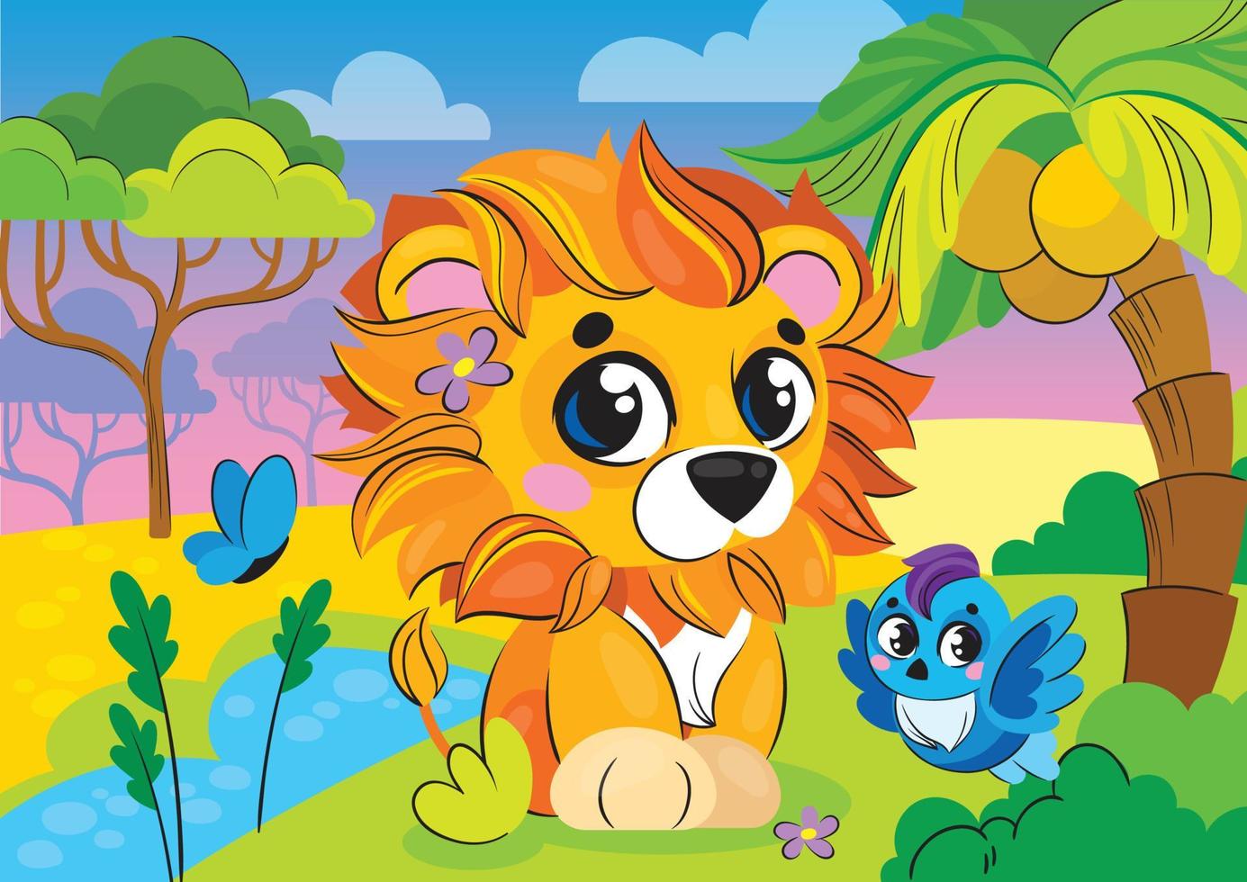A cute funny stylized lion cub sits in the savanna under a palm tree. Children's illustration for preschool children. vector