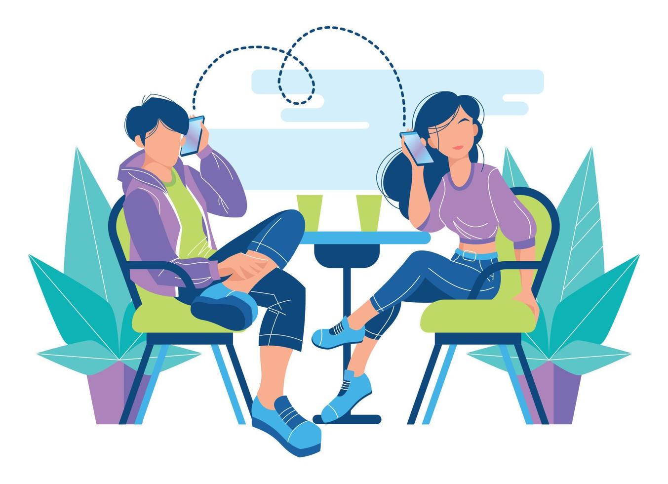 Young modern woman and man are sitting in armchairs at the table and talking on the phone. Conversation in a cafe or in the park. vector