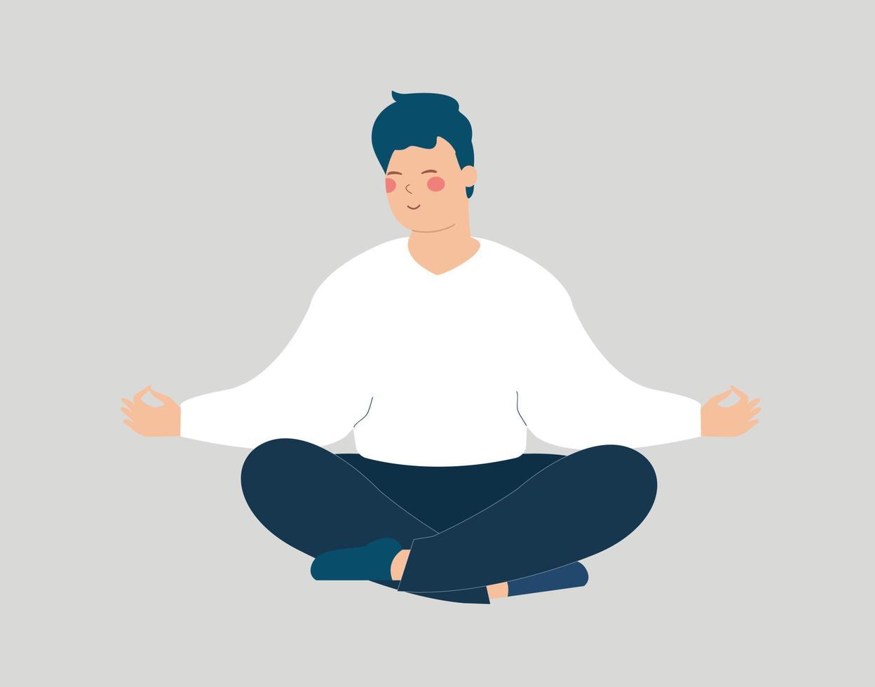 Man meditates on the floor with closed eyes. Young male sits with cross-legged and practices yoga. Adolescent do breathing exercises in the morning. Inner peace, Health care and positive body concept. vector