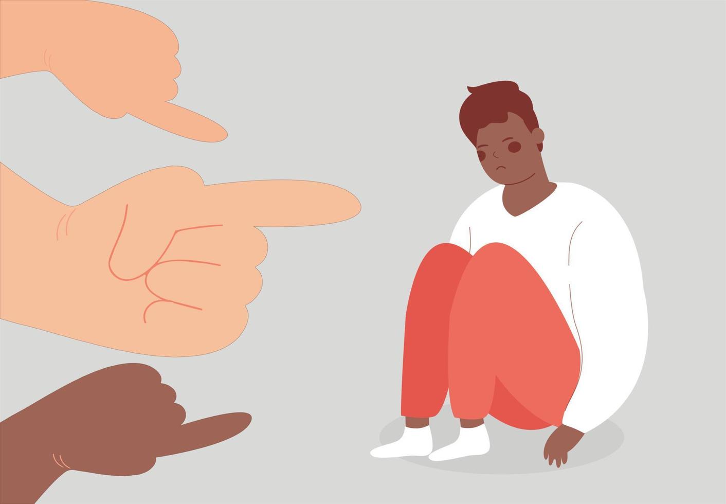 Depressed young black man suffers from discrimination. sad African American teenager surrounded by big fingers pointing at him. Stop bullying, accusation, psychological abuse, victim blaming concept. vector