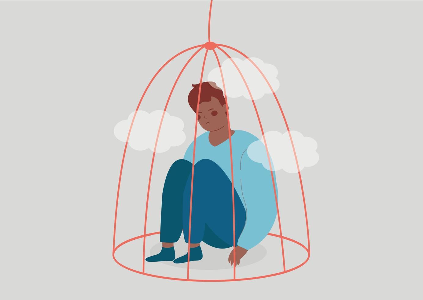 Young black man sitting inside a bird cage. Prisoner adolescent male influenced in his mental health by lockdown. Bullying, addiction, psychological issues, restrictions on human rights concept. vector