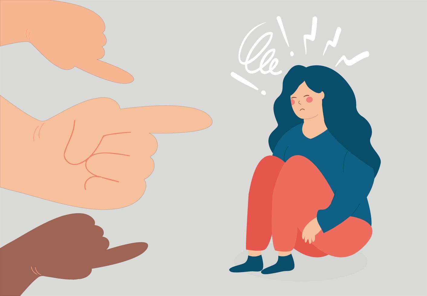 Depressed woman feeling ashamed suffers from abuse. Young girl with psychological problems surrounded by big fingers pointing at him. Blaming, public censure, Bullying, mental health disorders concept vector