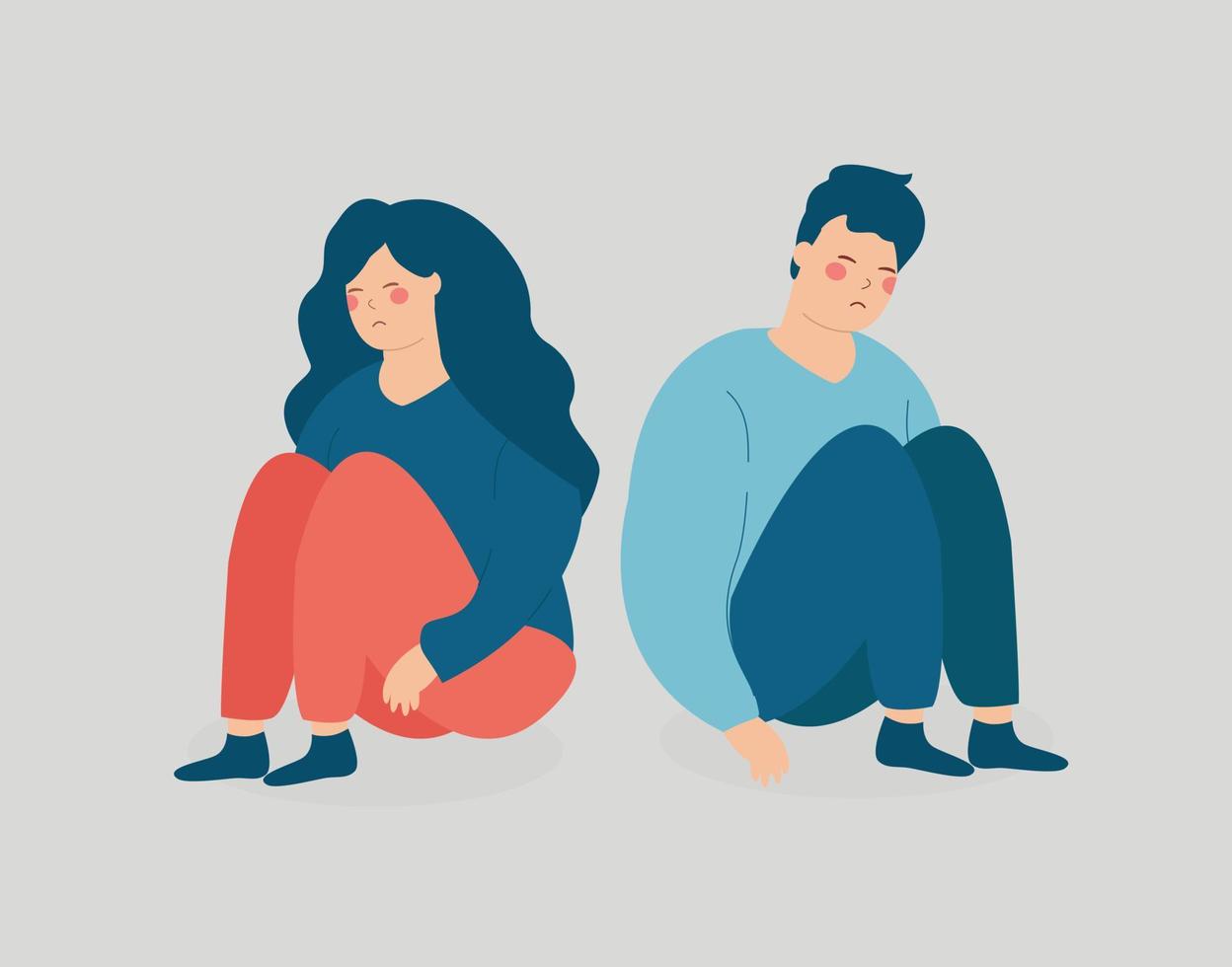 Young woman and man on the brink of breakup or divorce. Couple sitting back to back and without speaking. Two friends argue and quarrel look sad. Relationship difficulty, family crisis concept. vector