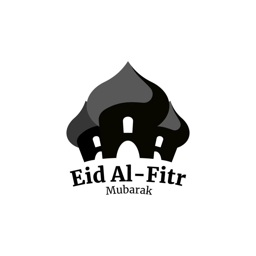 Eid al-fitr mubarak title text. Black font color and mosque silhouette on white background vector