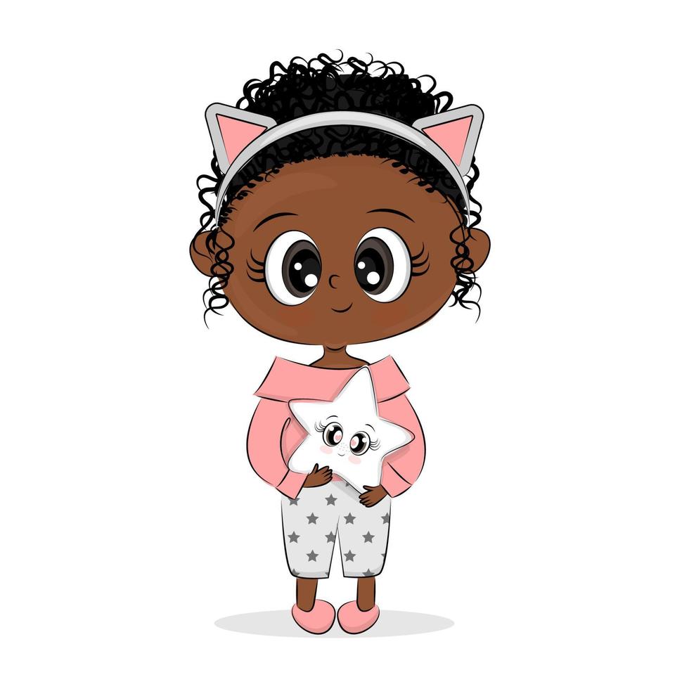 Cute little afro girl dressed in sleep pajamas, cute baby illustration, for card design, print on textile, t-shirt or gift box, kids room decoration, vector illustration