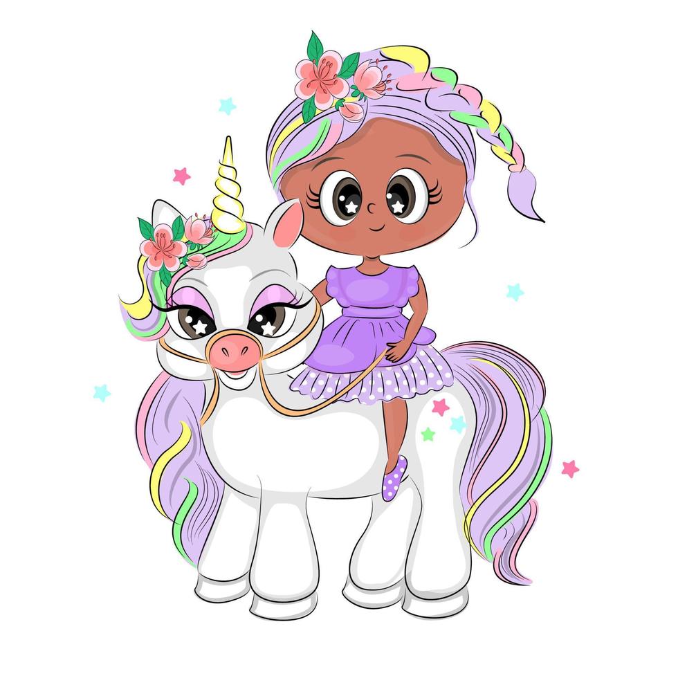 little girl with a unicorn Cute children's illustration, textile print, t-shirt packaging, children's room decoration, holiday card design, Vector illustration