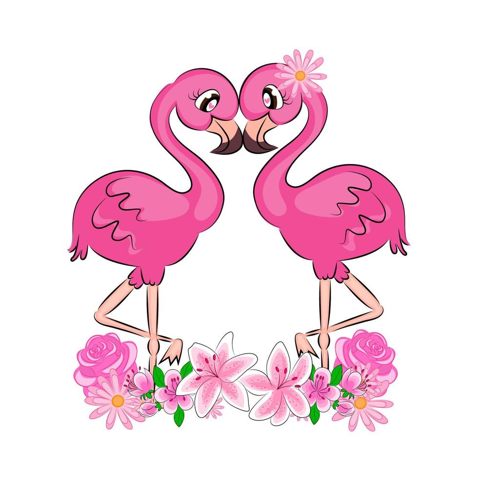 flamingos A pair of cute pink flamingos with cute eyes with cilia, with flowers, a beautiful card print on textiles on a T-shirt on the package vector
