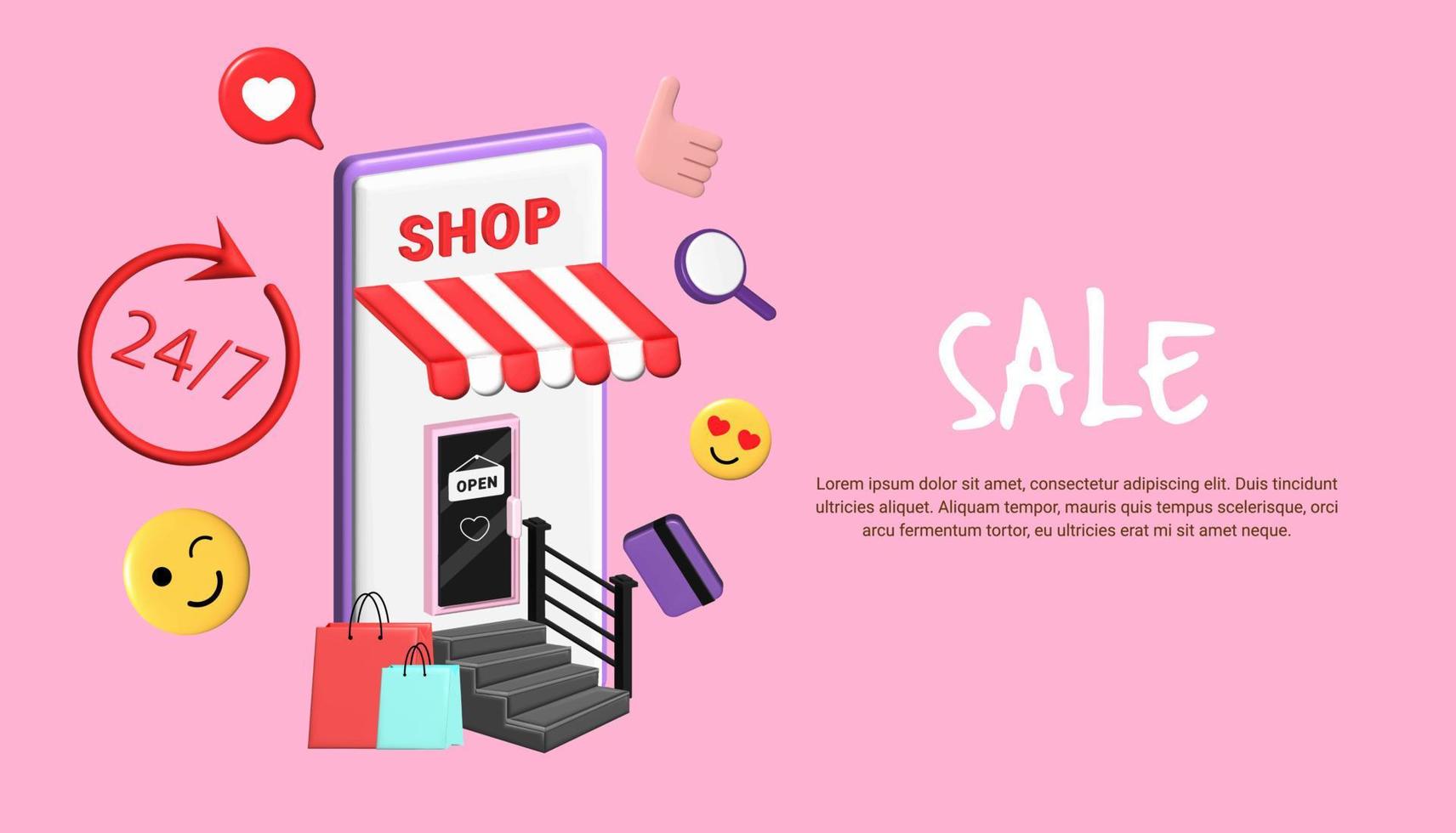 tienda en línea de teléfonos inteligentes, bolsas de regalo, emoticonos, mano fresca, pago en línea y concepto de entrega, banner, plantilla, descuento, publicidad social. Ilustración vectorial 3d. vector