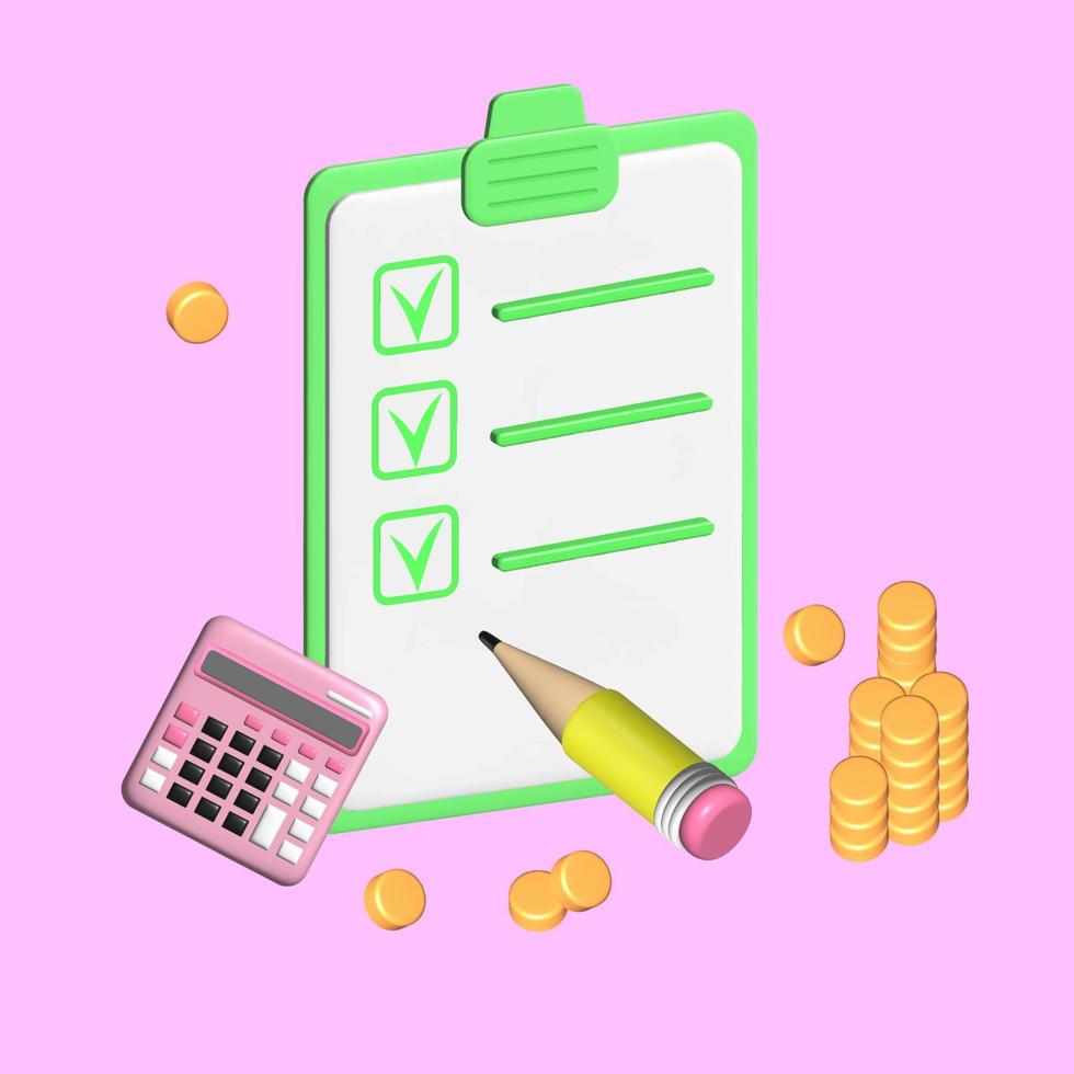 Tax calculation, calculator, sheet of paper, pencil and golden coins, 3d render vector illustration