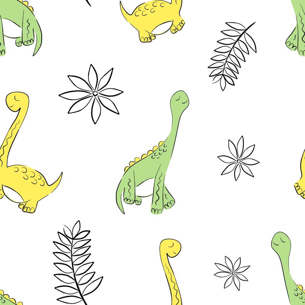 Seamless pattern with dinosaurs and tropical leaves on white vector