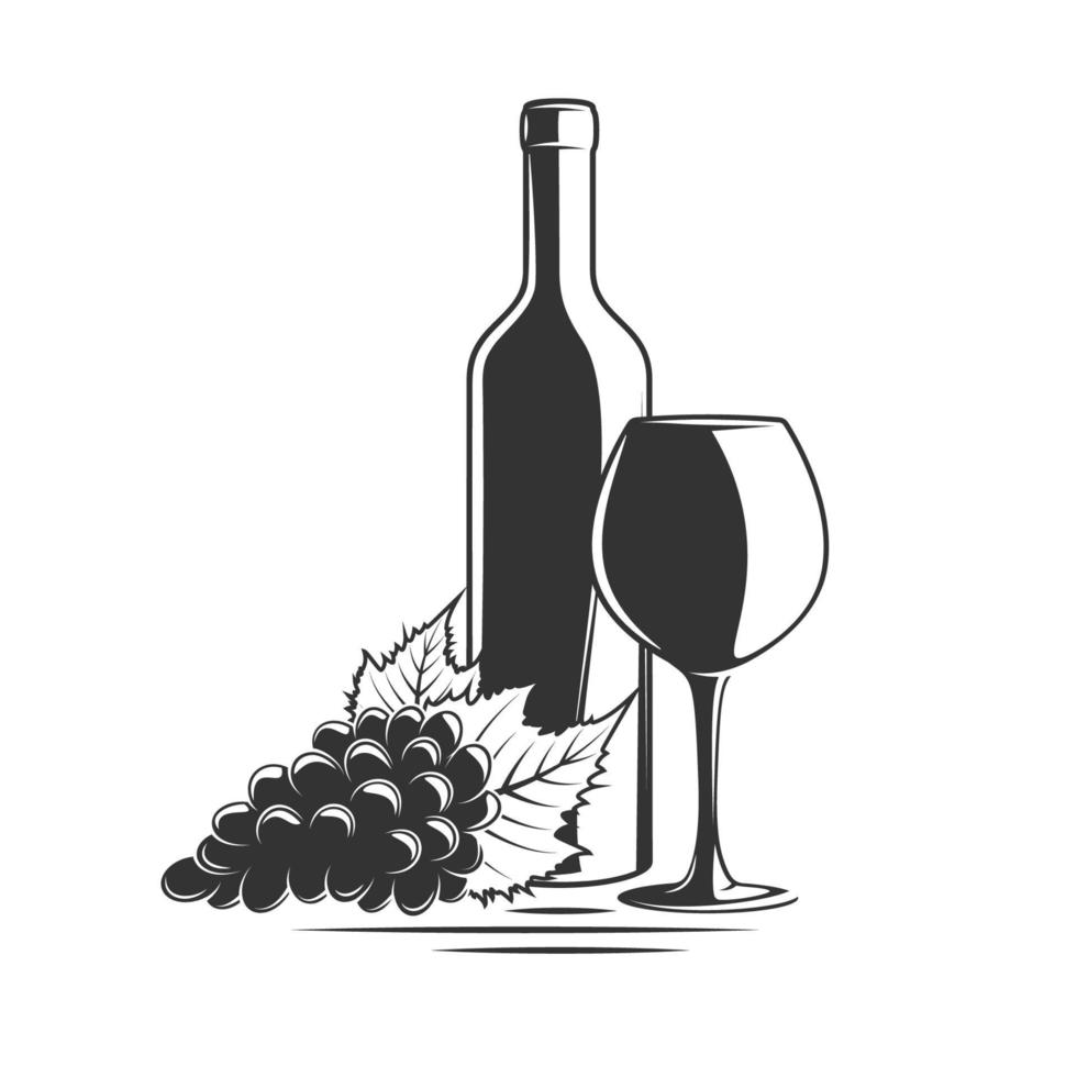 Bunch of grapes, bottle and glass of wine vector