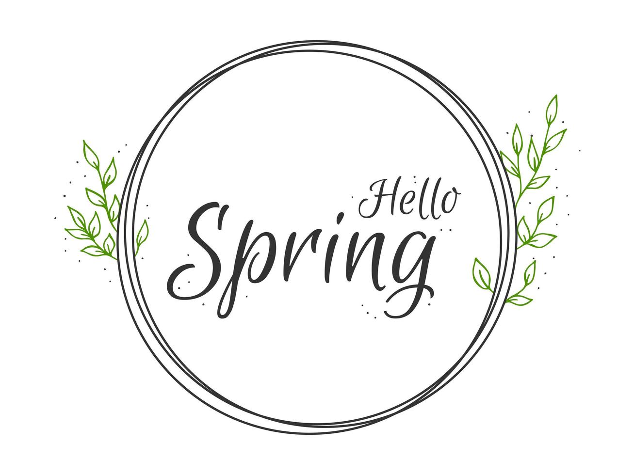 Spring lettering. Vector illustration with texture on a white background. A frame of black rings and green foliage.