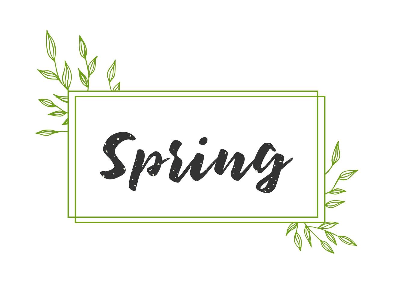 Spring lettering. Vector illustration with texture on a white background. A frame of green branches and leaves.