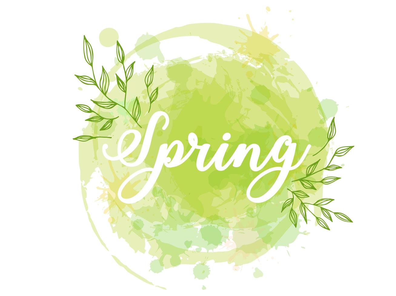 letras de primavera. ilustración vectorial con textura sobre un fondo blanco. círculo de acuarela y hojas y ramas verdes. vector