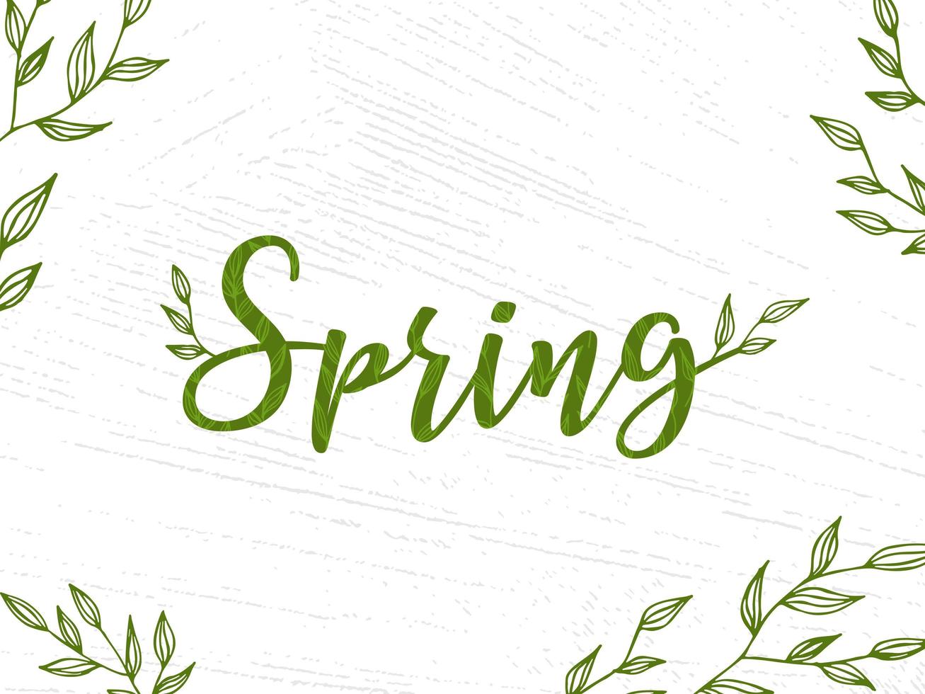 Spring lettering. Vector illustration with texture on a white background. A frame of green branches and leaves.