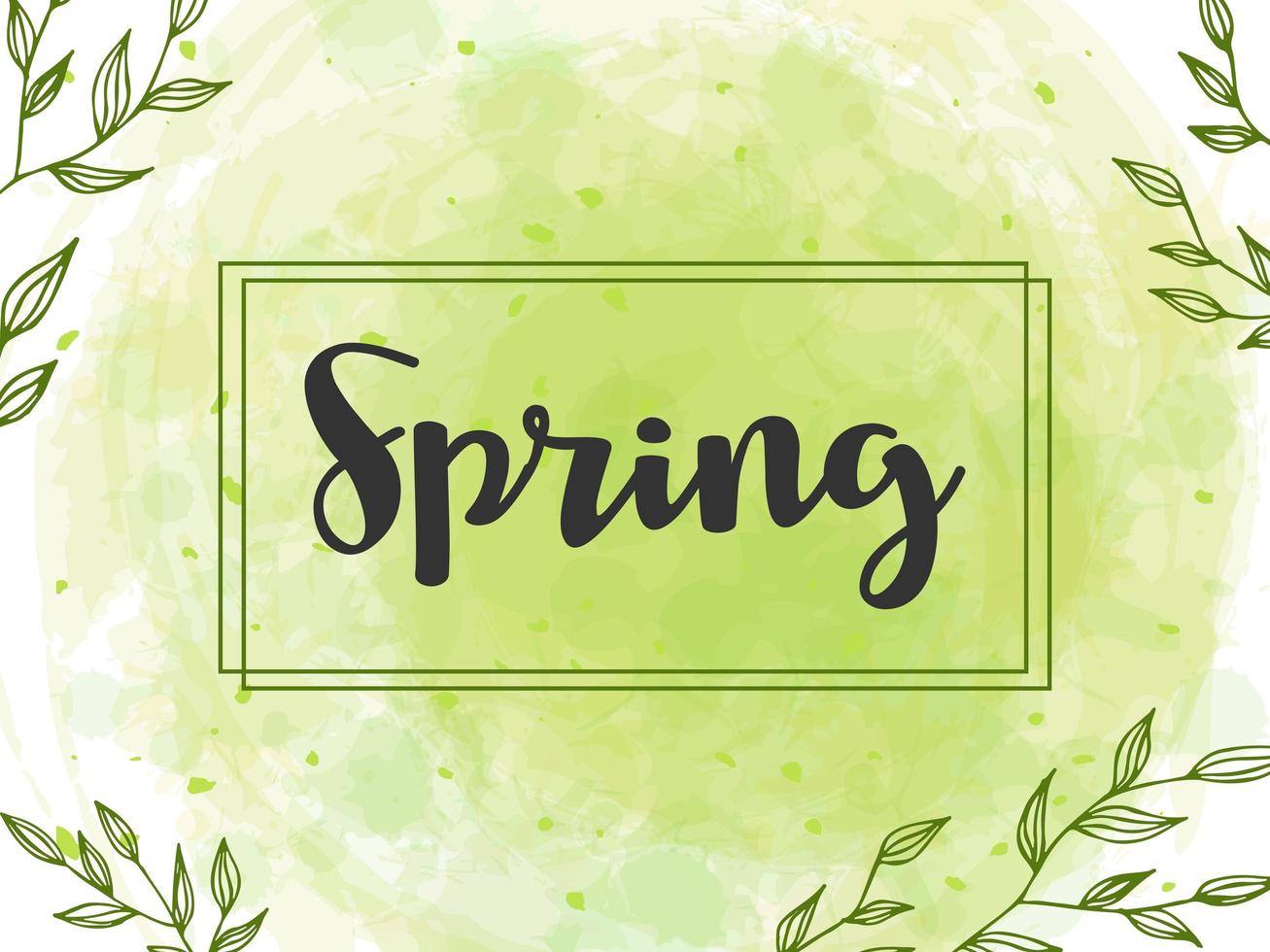 Spring lettering. Vector illustration with texture on a white background. A frame of green branches and leaves n a watercolor background.