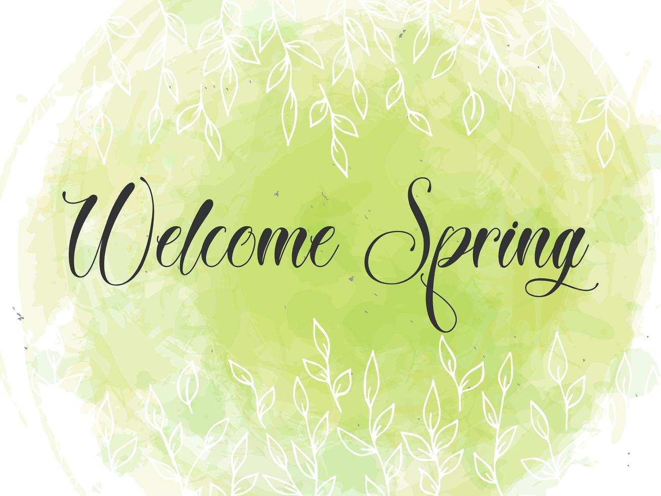 Spring lettering. Vector illustration with texture on a white background. A frame of white branches and leaves on a green watercolor backround.