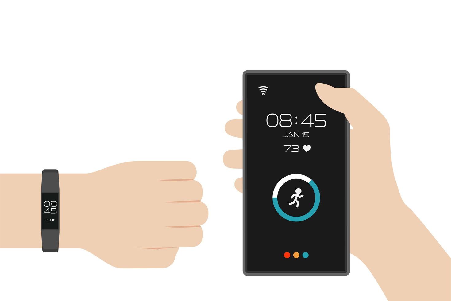 activity tracker bracelet with hands holding smartphone vector illustration