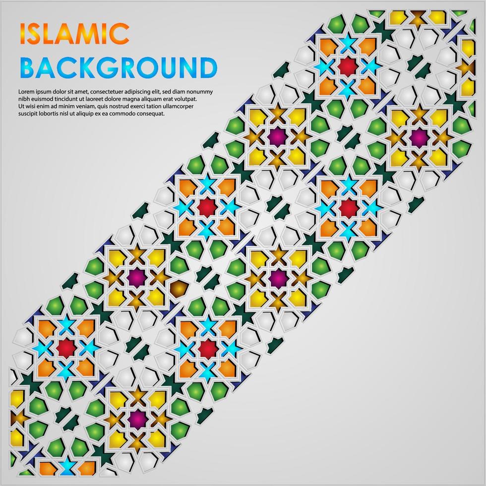 Islamic greeting card banner background with ornamental colorful detail of floral mosaic islamic art ornament vector