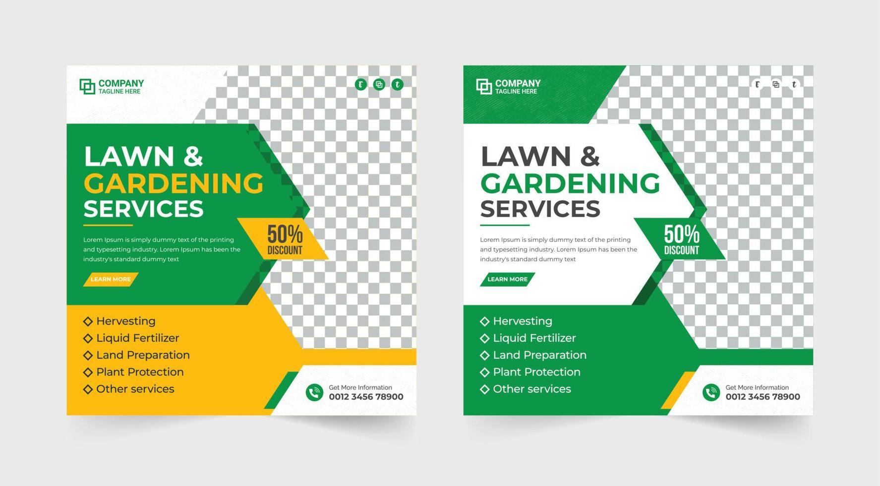 Lawn and gardening service template. Gardening service banner. Garden and farming service social media post. Agro farm template. Organic farm flyer. Farming banner. Lawn mowing farm service. vector