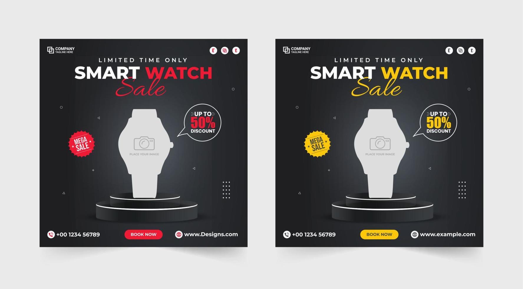 Smart watch product post. Smart watch social media post. Limited time offer smart watch mega sale. Wrist Watch sale discount template. Clock business banner. Product sale and promotion. vector