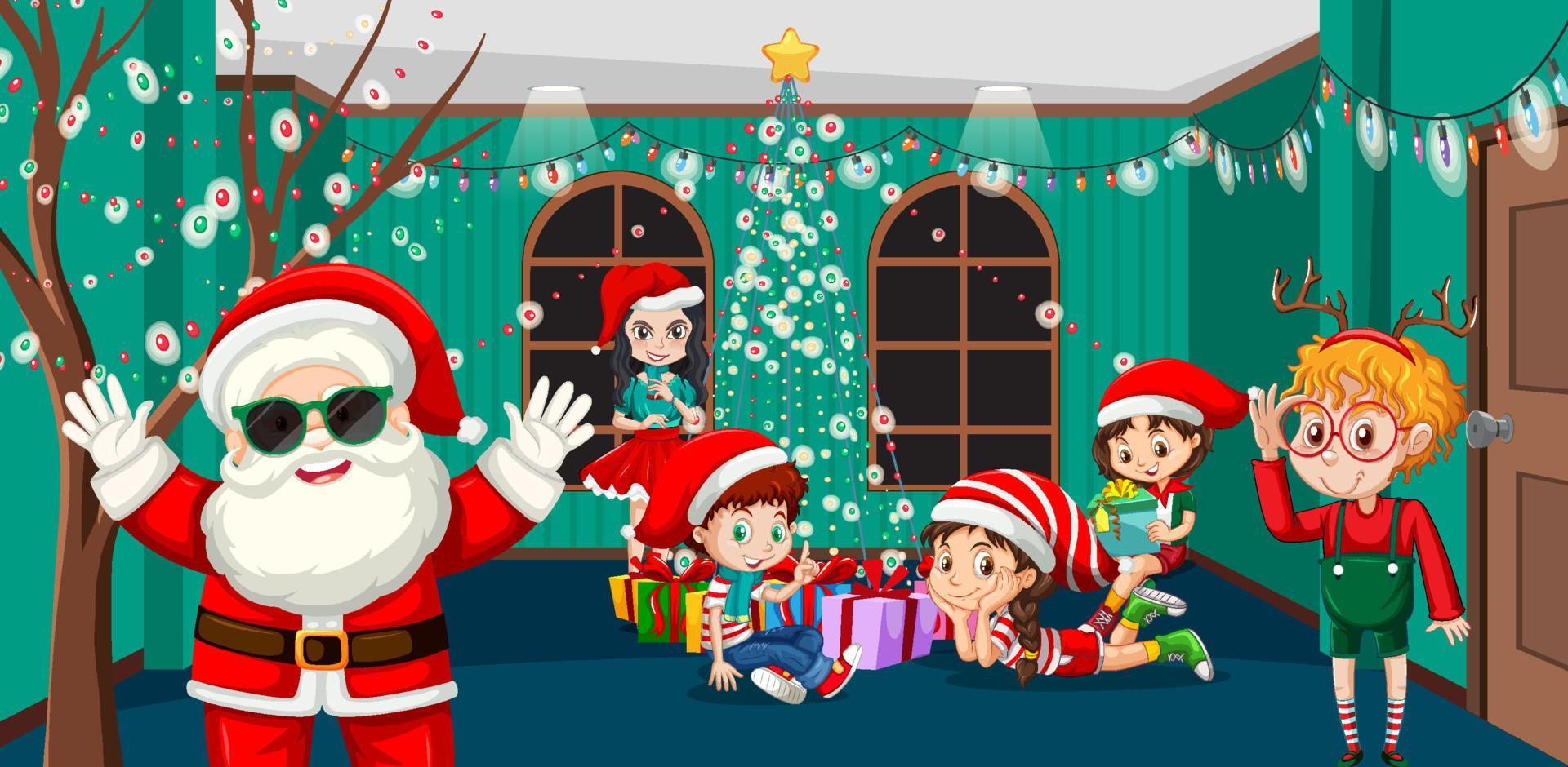 niños celebrando la navidad con santa claus vector