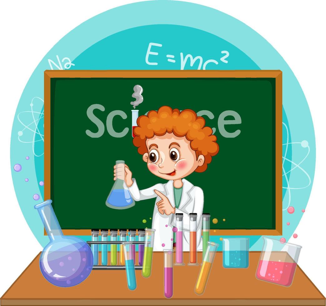 Scientist boy cartoon character with laboratory equipments vector
