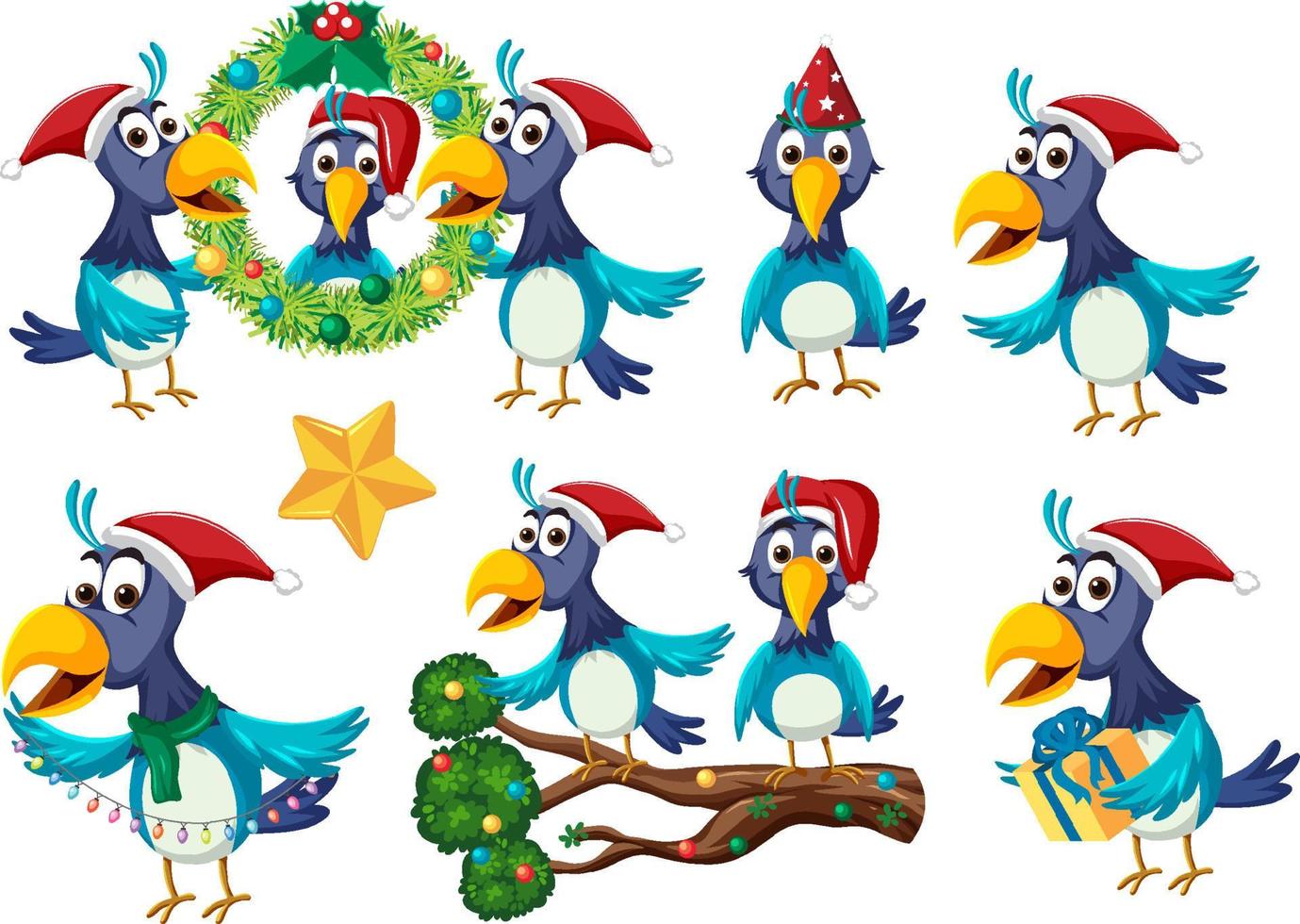 Set of birds wearing christmas hat vector