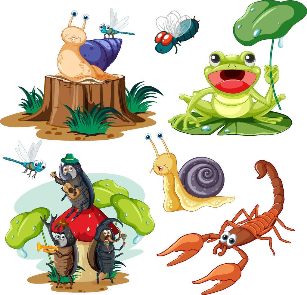 Set of different invertebrate animals in cartoon style vector