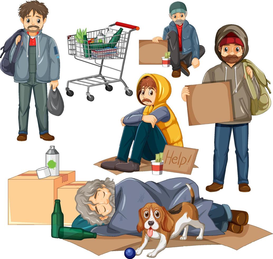 Set of homeless man in different poses vector