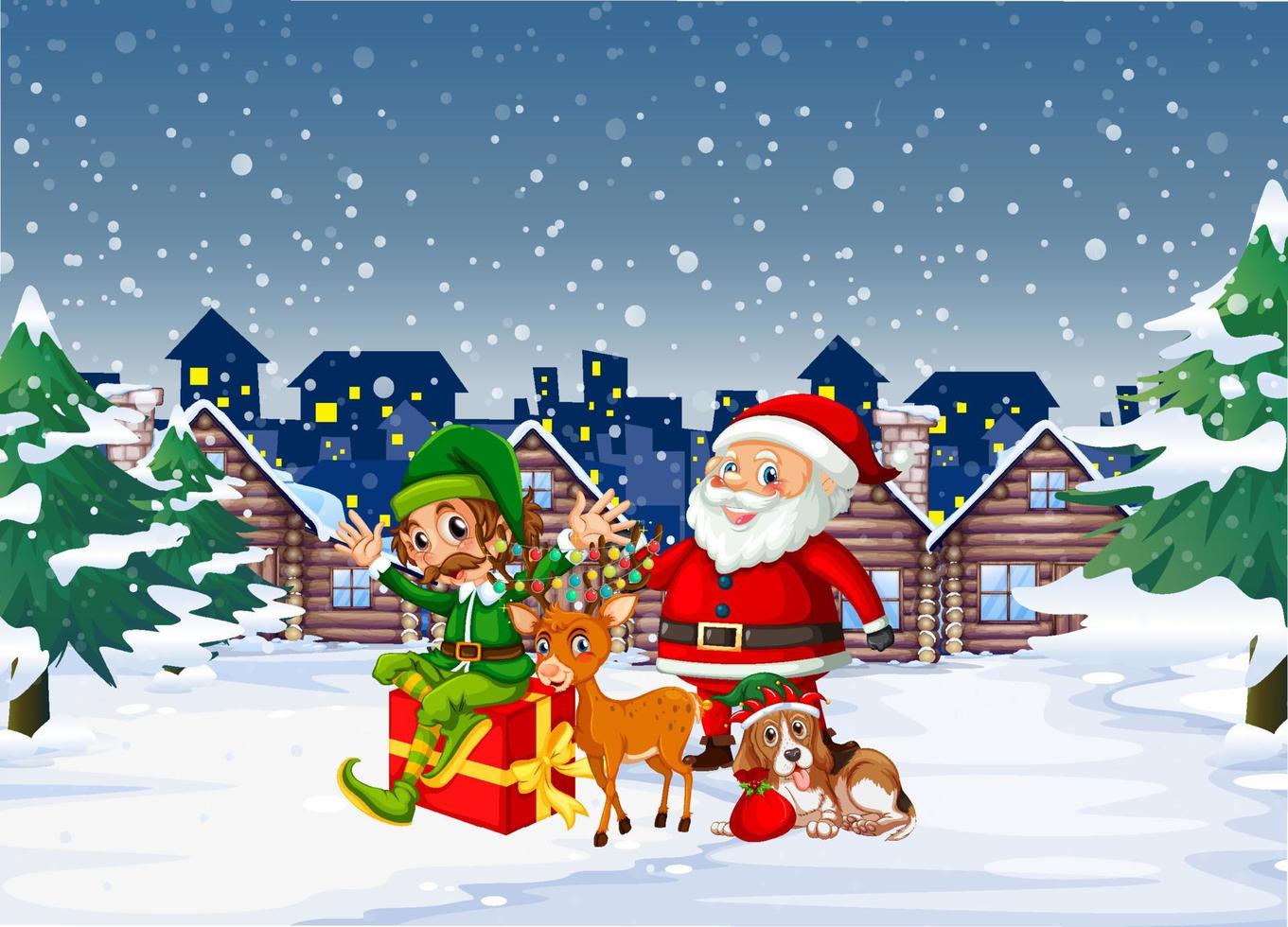 Snowy night scene with Christmas cartoon characters vector