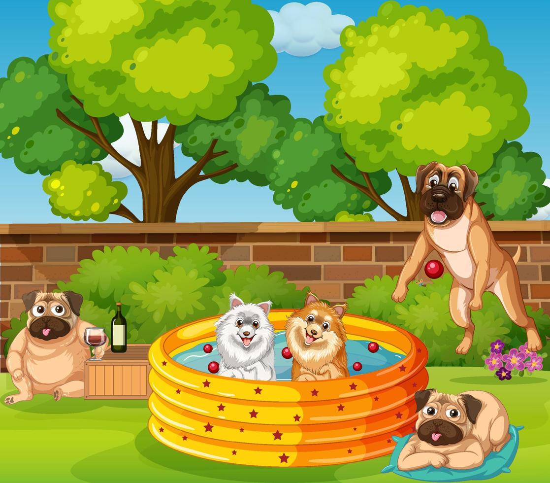 Five dogs playing in the garden vector