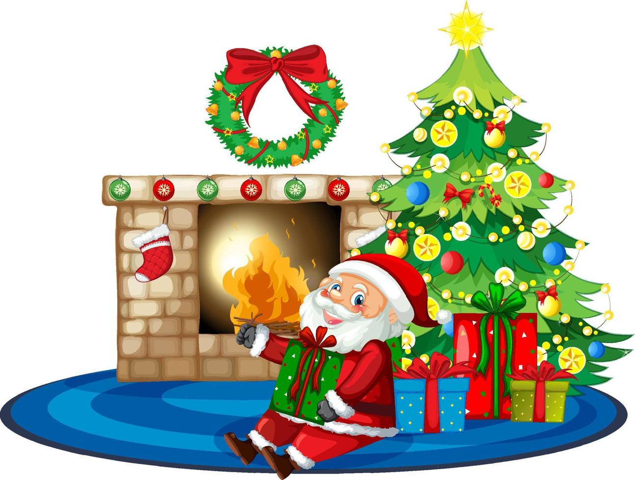 Santa Claus sitting front fireplace with many gift boxes vector