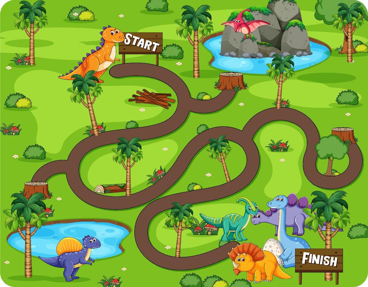 plantilla de juego de laberinto en tema de dinosaurio para niños pequeños vector