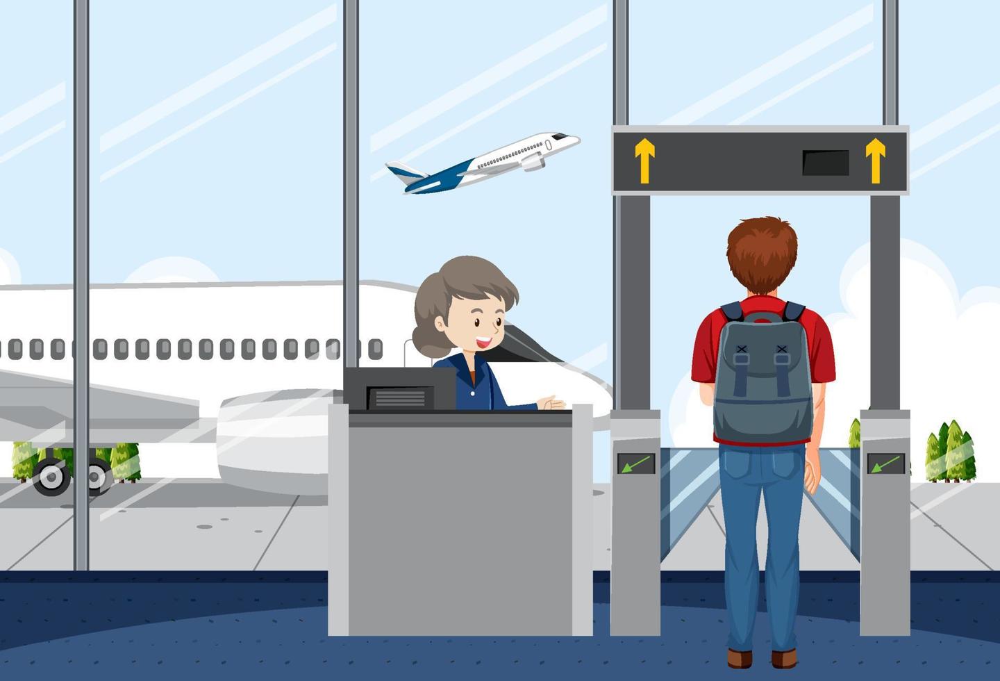 Departure gate scene with passenger and service staff vector