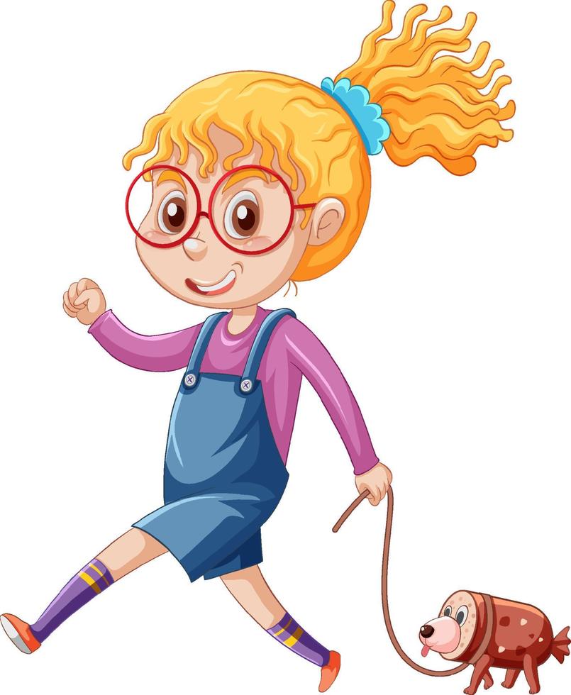 Teenager girl walking with pet  cartoon character on white backgrouns vector