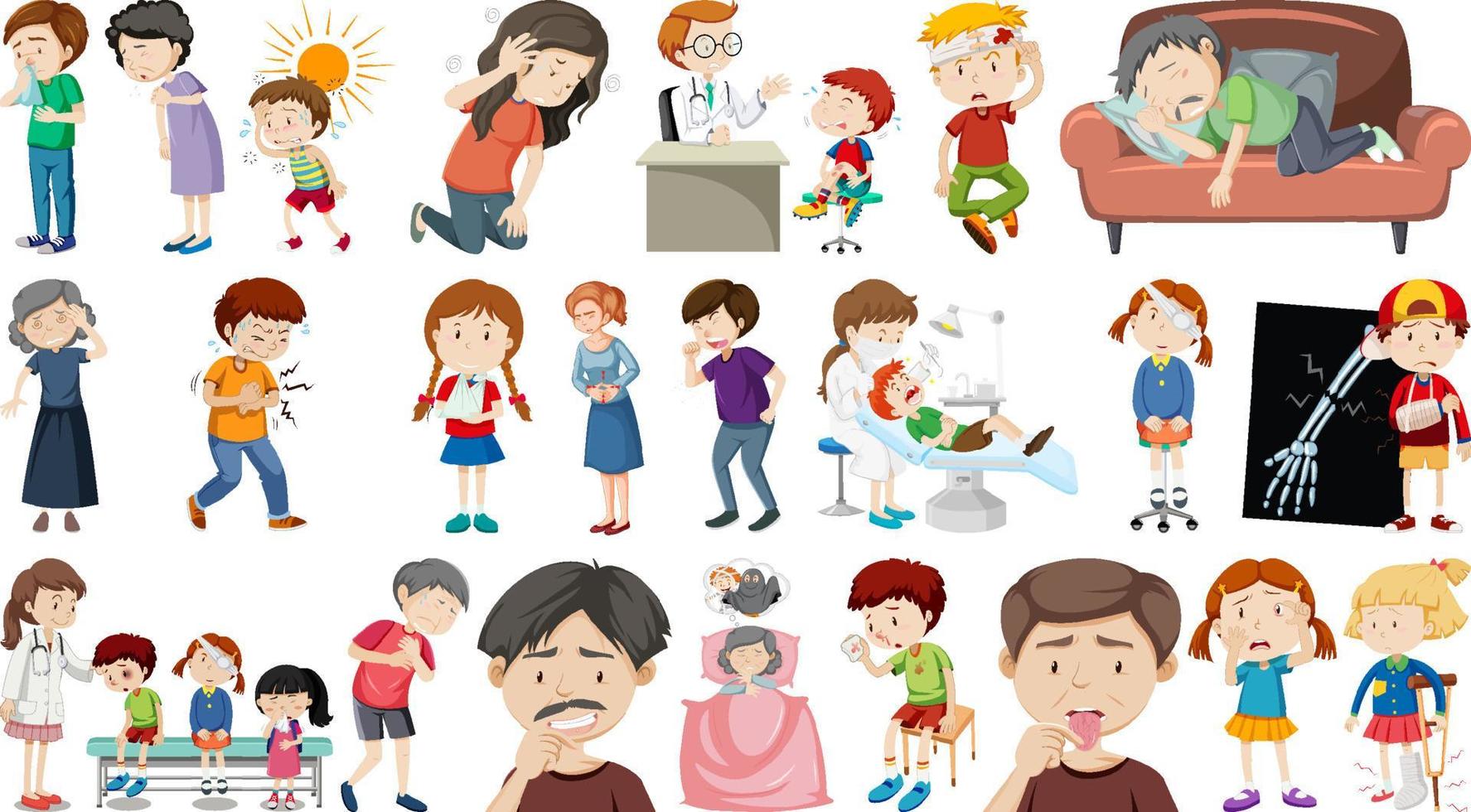 Set of sick people with different symptoms vector