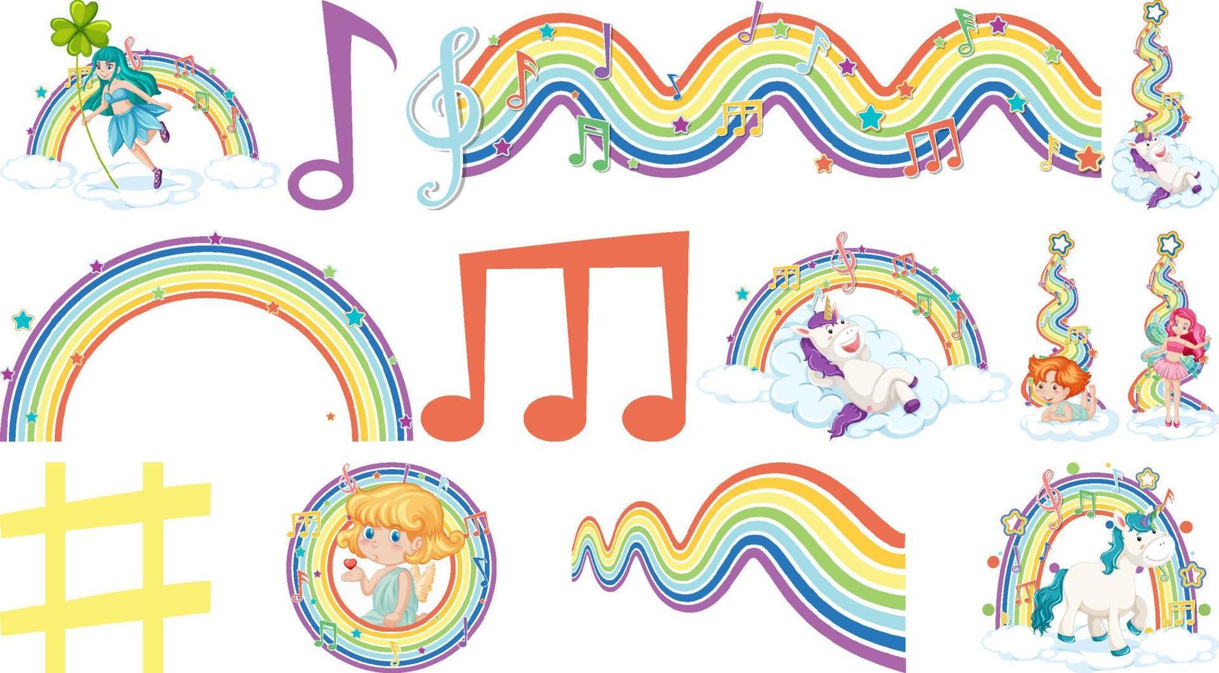 Set of fantasy fairies and cupids with rainbow elements vector