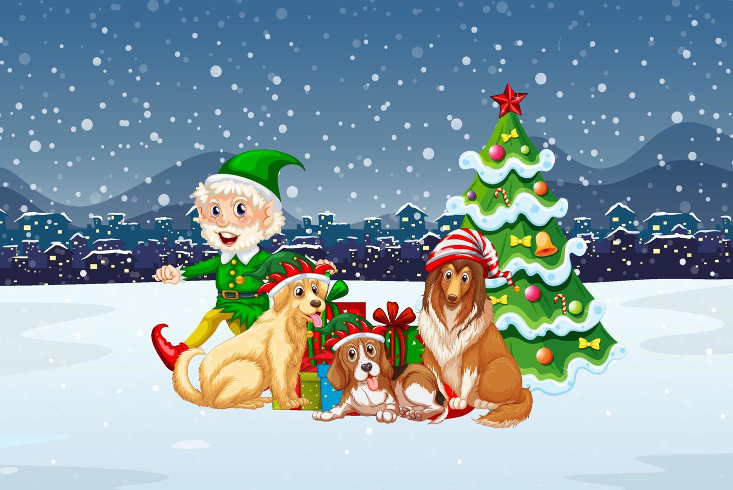 Snowy night scene with Christmas cartoon characters vector