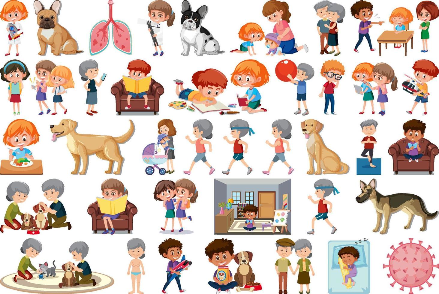 Set of different activities people and dogs vector