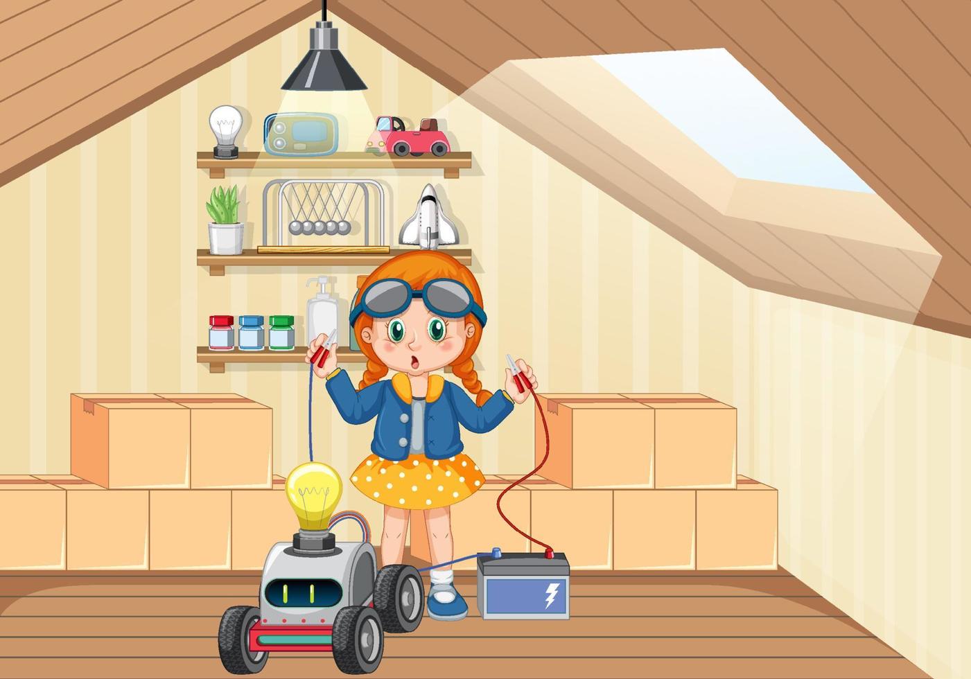 A girl repairing a robot together in the room scene vector